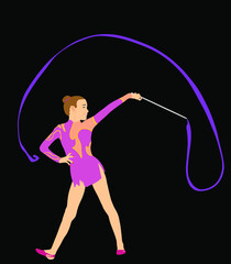 Grace ballet dancer girl vector illustration figure performance isolated on black background. Gymnastic flexible woman in leotard. Rhythmic Gymnastics lady with ribbon. Athlete woman in gym exercise.