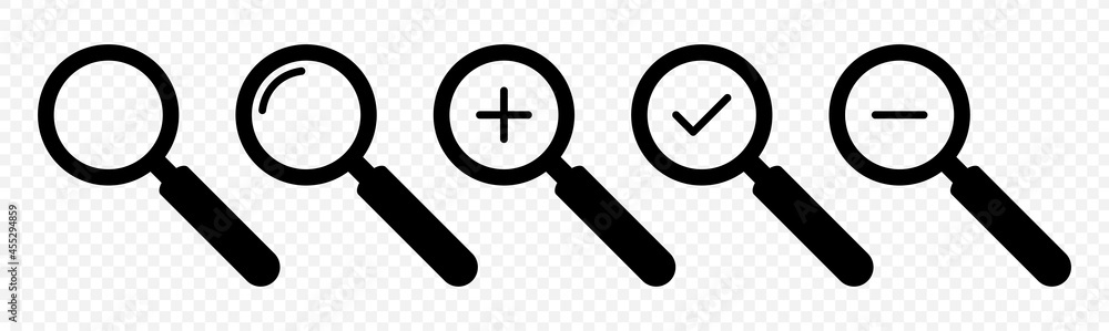 Poster Magnifying glass icon set. Symbols of search with magnifier. Loupe icons isolated on transparent background. Vector illustration.