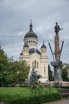 Avram Iancu statue and Dormition of the Theotokos Cathedral, Cluj-Napoca , Romania ,august 2021