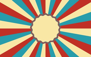 Sunlight retro faded wide background with vintage frame for text. pale beige, red, blue color burst background. Vector illustration. Sun beam ray background. Old paper. vintage poster.