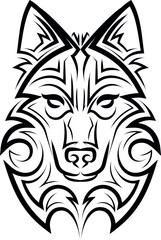 Black and white line art of wolf head. Tattoo tribal simple vector illustration.
