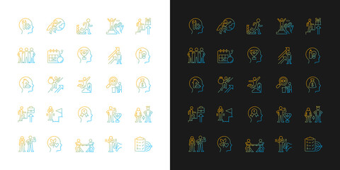 Motivation gradient icons set for dark and light mode. Goal accomplishment. Force to achieve aim. Thin line contour symbols bundle. Isolated vector outline illustrations collection on black and white