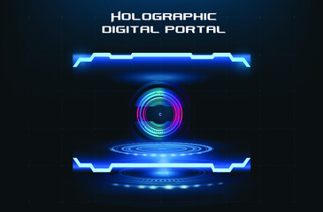 Holographic blue portal on futuristic background. Blue hologram. Isolated circles with a glowing ray. Magic portal, circular teleport podium. Hologram neon light for user interface HUD