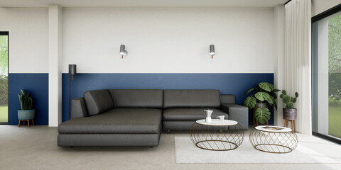 vue 3d salon avec canapé gris et mur bleu, sol travertin