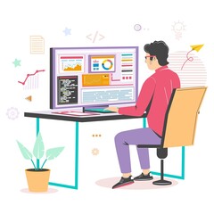 Full stack developer working on computer, vector illustration. IT professional, web developer programming, coding.