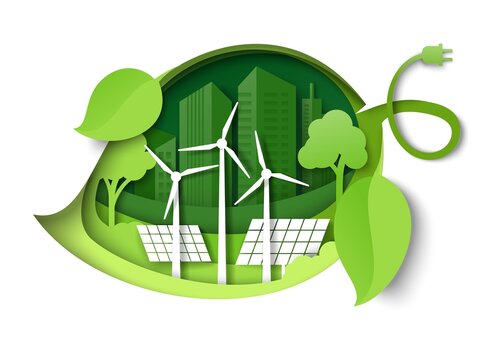 Green leaf with windmills, solar panels, trees, city building silhouettes, vector paper cut illustration. Green energy.