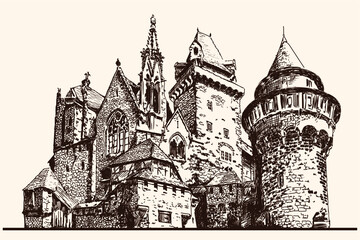 Medieval stone castle with towers. Fast linear sketch. © migfoto