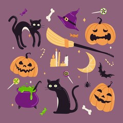 Vector icons and illustrations on the theme of Halloween. Set of images: pumpkins, cats, potion, broom and witch hat. Vector design elements for cards and stickers.