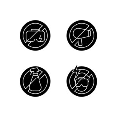 Virtual reality headset care black glyph manual label icons set on white space. Virtual reality glasses hygiene. Silhouette symbols. Vector isolated illustration for product use instructions