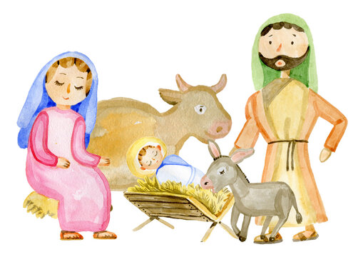 A hand-drawn watercolor illustration of a Christian nativity scene. For church brochures and announcements