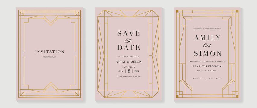 Art deco wedding invitation card vector. Luxury classic antique cards design for VIP invite, Gatsby invitation gold, Fancy party event, Save the date card and Thank you card. Vector illustration.