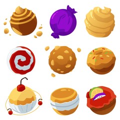 Fantasy space set of circle candy planets flat vector illustration isolated.