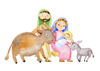 The Virgin Mary, Jesus Christ, Joseph, sheep, animals. Watercolor hand-drawn illustration in soft colors. For Christmas cards