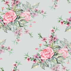Watercolor bouquet of roses on gray background. Floral seamless pattern.