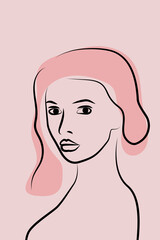 A simple silhouette of a woman with full lips. Black line on pink background. Portrait line art minimalistic style.