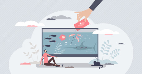 Food for fish and aquatic animal feeding with nutrition tiny person concept. Special elements and vitamins for fishkeeping hobby vector illustration. Medicated and prepared healthy eating for species.