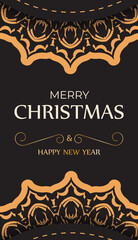Postcard Happy New Year and Merry Christmas in black color with winter pattern.