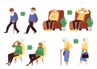 A set of characters energetic and tired old people a flat vector illustrations