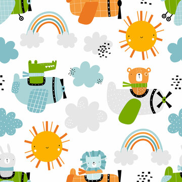 Vector hand-drawn seamless childish pattern with cute funny bunny, bear, crocodile, lion pilot on the plane on a white background. Kids texture for fabric, wrapping, textile, wallpaper, apparel.