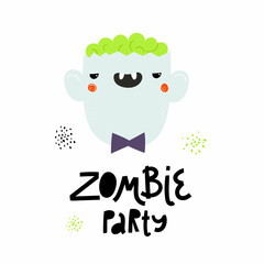 Zombie party lettering. Cute smiling zombie. Happy Halloween. Vector cartoon spooky character. Vector design for greeting card and invitation of seasonal fall holidays, halloween.