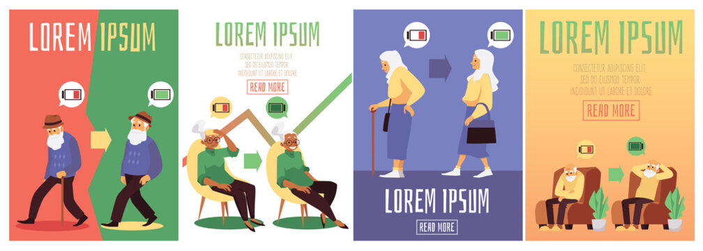 Banners with tired and full of energy elderly people, flat vector illustration.
