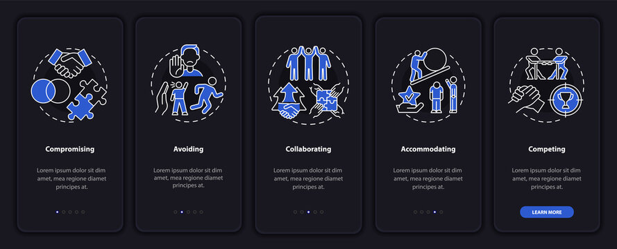 Conflict resolutions onboarding mobile app page screen. Work relations walkthrough 5 steps graphic instructions with concepts. UI, UX, GUI vector template with linear night mode illustrations