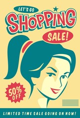 Sale banner advertisement with young girl portrait. Retro vector ad for shopping mall. Promotional poster template design.