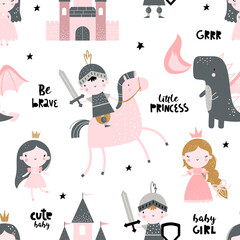 Vector hand-drawn colored childrens seamless repeating pattern with cute princess, dragon, castle, knight on a white background. Creative kids texture for fabric, wrapping, textile, wallpaper.
