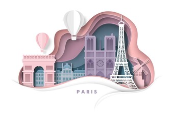 Paris city, France, vector paper cut illustration. Eiffel Tower, Notre Dame Cathedral, world famous landmarks. Travel. - obrazy, fototapety, plakaty