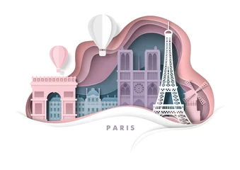 Schilderijen op glas Paris city, France, vector paper cut illustration. Eiffel Tower, Notre Dame Cathedral, world famous landmarks. Travel. © Siberian Art