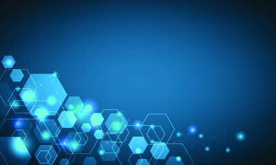 Abstract network and security background with surface of hexagon. Cummnication of artificial intelligence with shine bright line and dot connection. Digital template for design. 