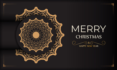 Banner Merry Christmas and Happy New Year in black with winter pattern.