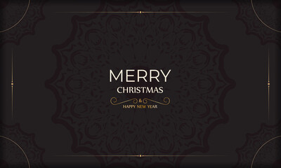Merry Christmas and Happy New Year poster in black color with winter pattern.