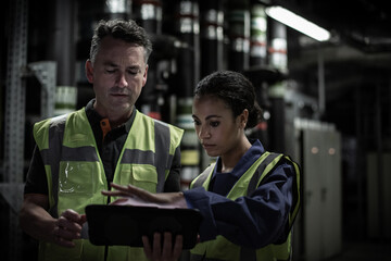 Male engineer training a female engineer in an industrial plant room