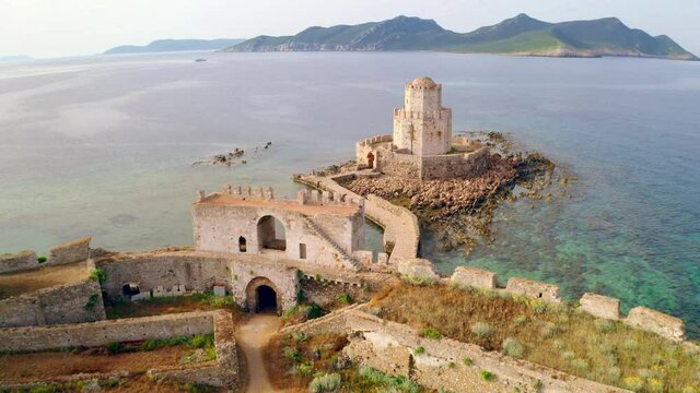 4k drone forward video (Ultra High Definition) of Methoni Castle. Exciting morning scene of Peloponnese peninsula, Greece, Europe. Spectacular summer seascape of Ionian sea..