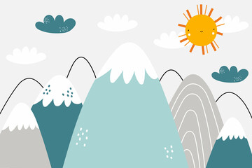 Vector children hand drawn color mountain illustration in scandinavian style. Mountain landscape, clouds and cute sun. Kids wallpaper. Mountainscape, baby room design, wall decor. - obrazy, fototapety, plakaty