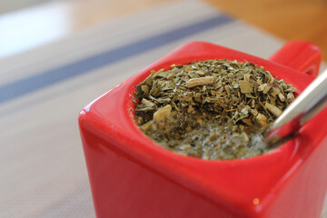 Close-up shot of red mate, traditional Argentinian drink.
