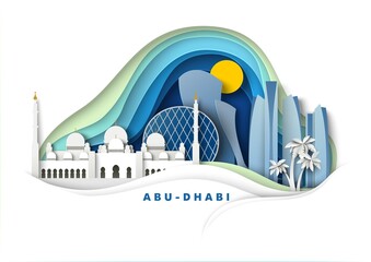 Abu Dhabi city, UAE, vector paper cut illustration. Grand Mosque, famous landmark and tourist attraction. Global travel. - obrazy, fototapety, plakaty