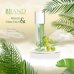 Natural skin care products in green with tropical summer leaves and podium on gold cloud background in 3d illustration