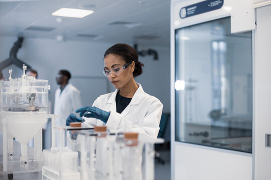 African american female scientist looking at test samples