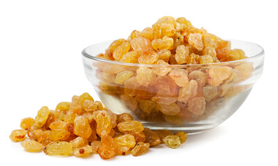 Yellow raisins in a transparent plate on a white background. Isolated