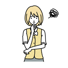 立って手をあごにあてて困っている事務員制服の女性