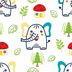 Seamless pattern vector of elephant cartoon with mushroom house and plants