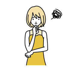 立って手をあごにあてて困っているドレスの女性