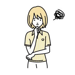 立って手をあごにあてて困っているポロシャツの女性