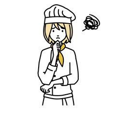 Obraz premium 立って手をあごにあてて困っている調理師の女性