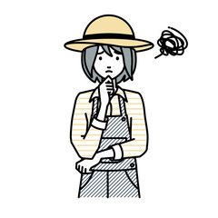 立って手をあごにあてて困っている農家の女性