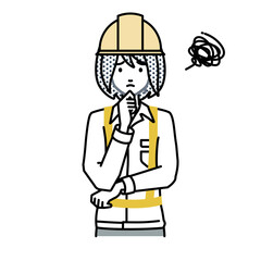 立って手をあごにあてて困っている工事現場の女性