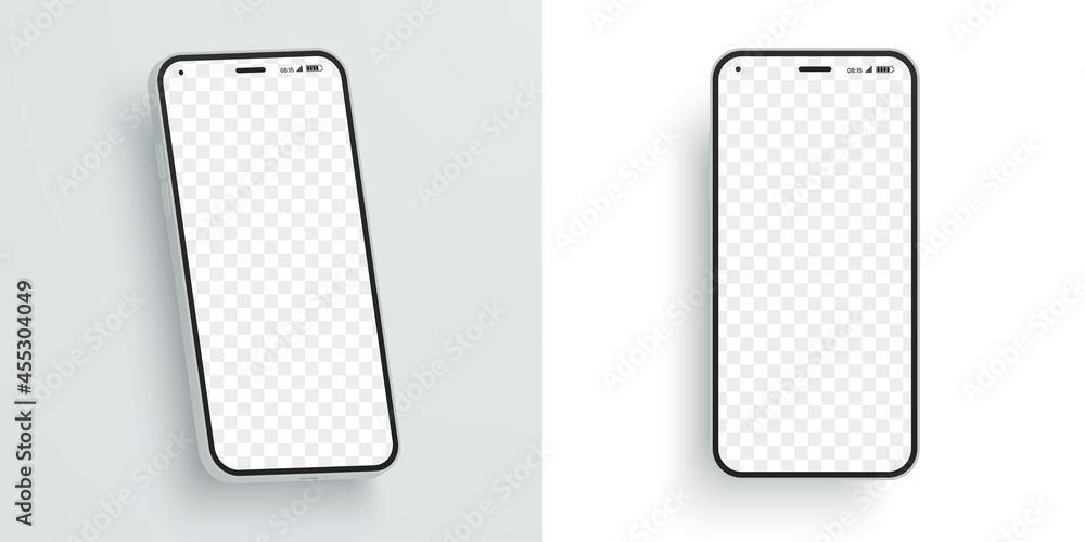 Poster Vector smartphone mockup with blank screen to showcase your design. Modern mobile phone at different angles. Screen device mockup. Ideal for ui, ux demonstration.