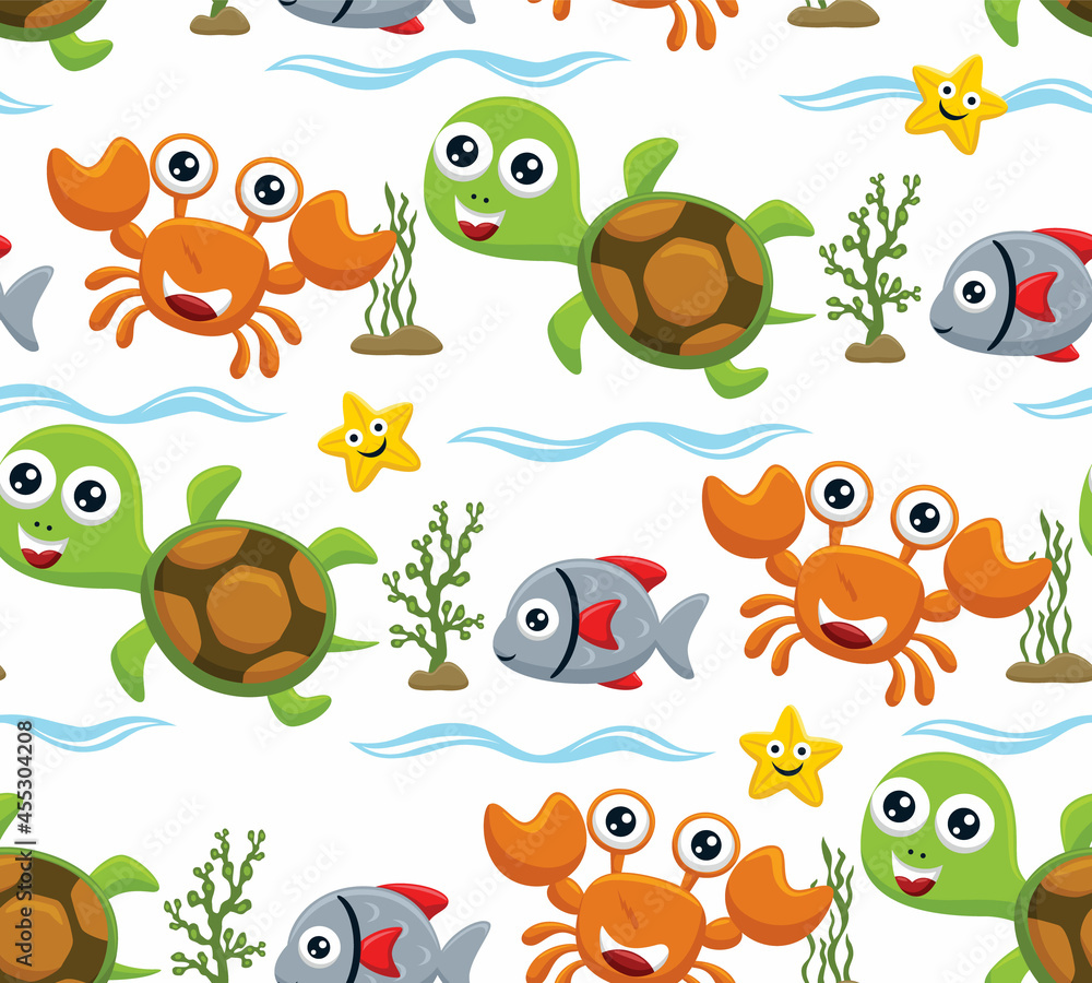 Wall mural Seamless pattern vector of funny marine animals cartoon with seaweed